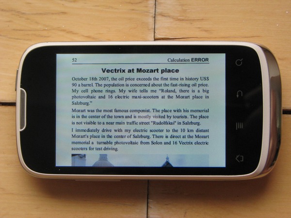 480x320 Android Handy
Huawei U8650 Sonic mit Acrobat PDF Reader. Im Querformat kann man auf dem 3.5“ (88mm) Display leicht lesen.